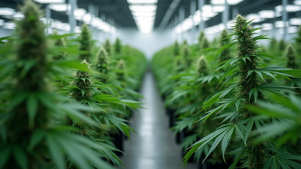 Eye-level view of a cannabis cultivation facility with organized rows of plants