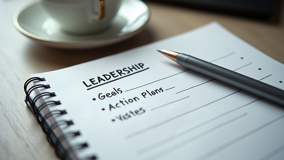 Close-up view of a notebook with leadership goals and action plans written