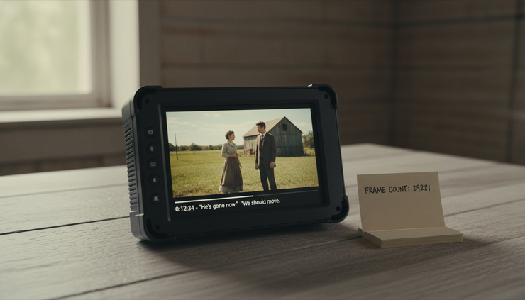 Wide-angle view of a small video monitor showing sequential caption cues