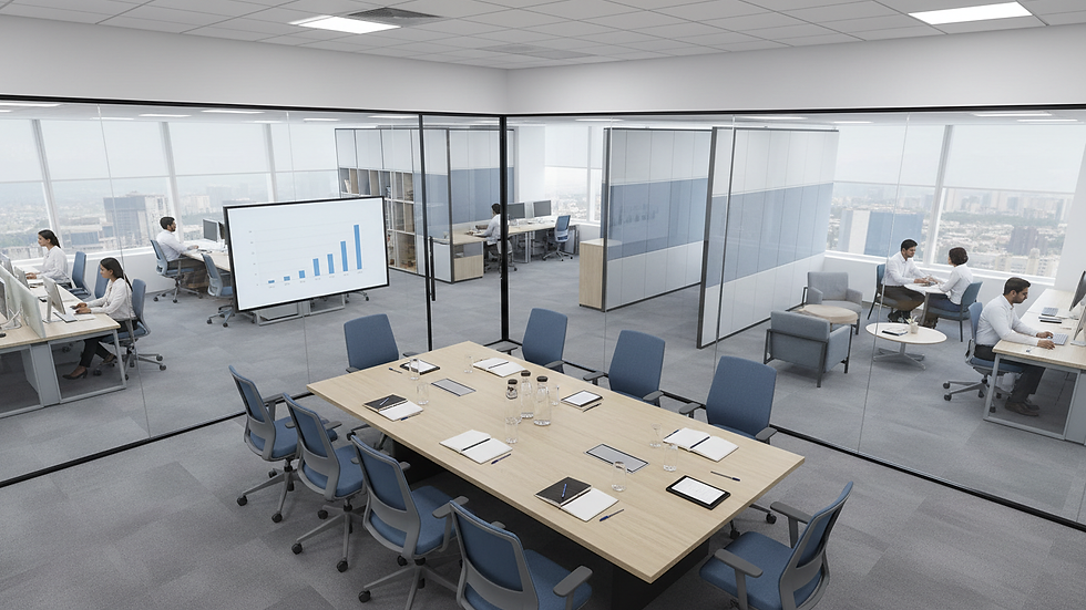 High angle view of a corporate meeting room ready for a team discussion