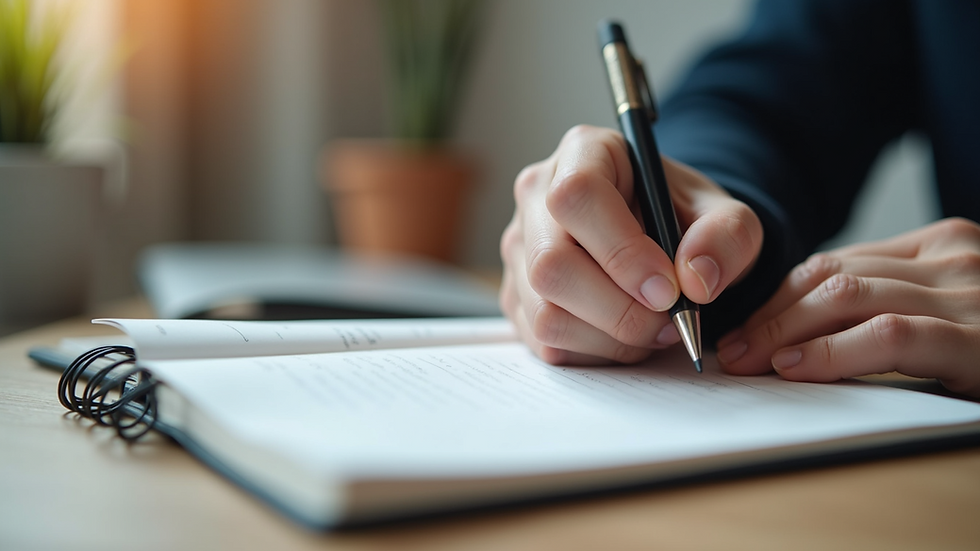 Close-up view of a person writing career goals in a notebook