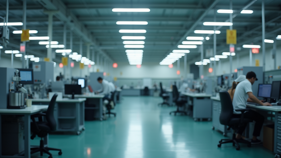 Wide angle view of a production facility with organized machinery