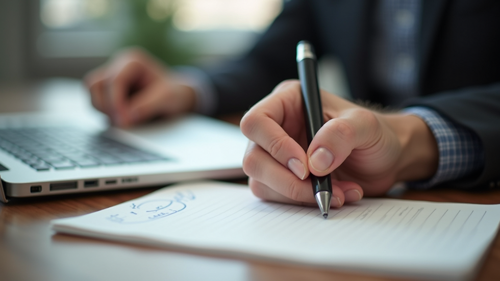 Close-up view of a hand writing career goals in a notebook