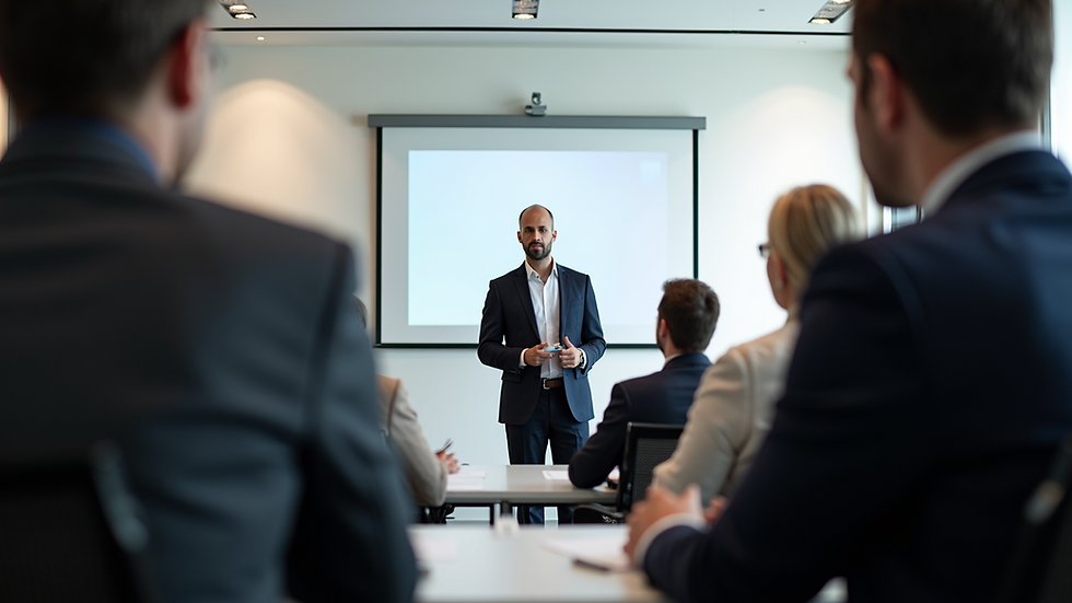 Eye-level view of a corporate training room with a presenter and attendees