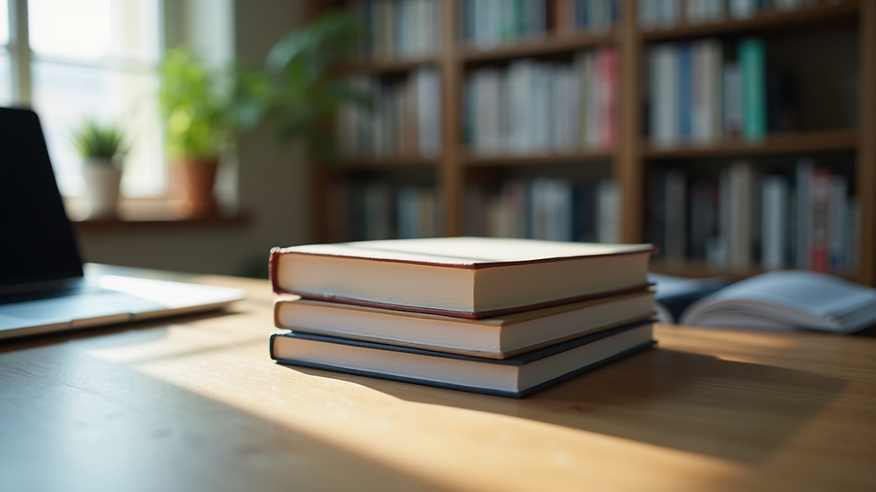 Eye-level view of a stack of books with a laptop on a desk