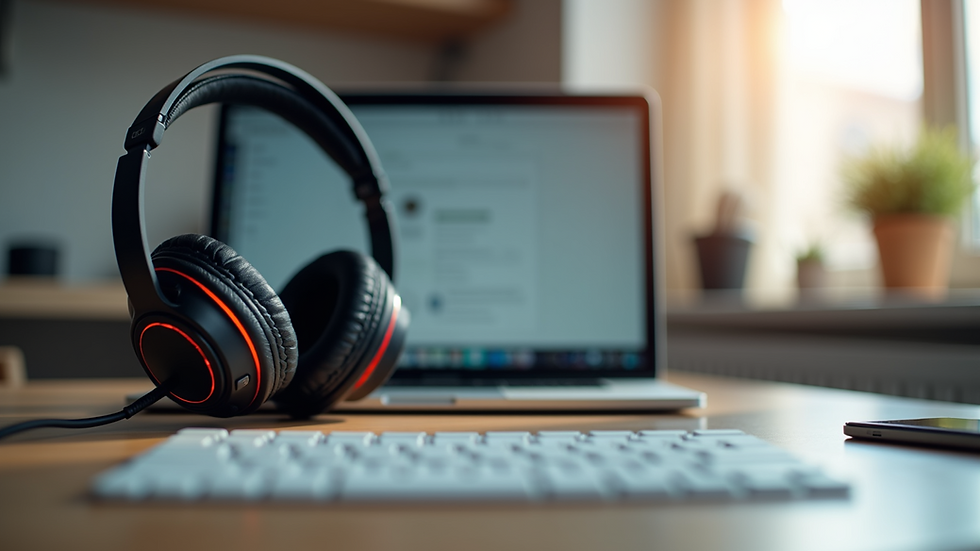 Eye-level view of a modern home office setup with a laptop and headset