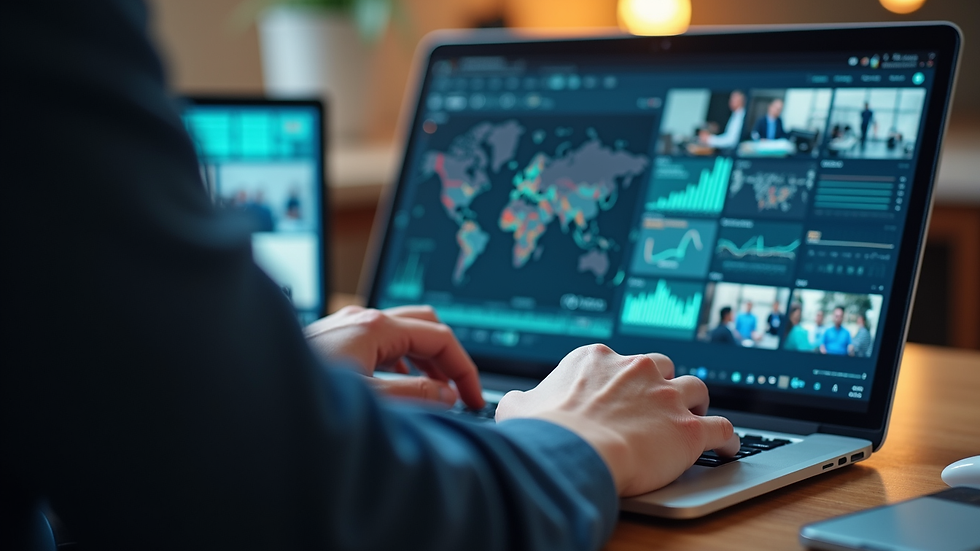 Close-up view of a person analyzing media reports on a laptop