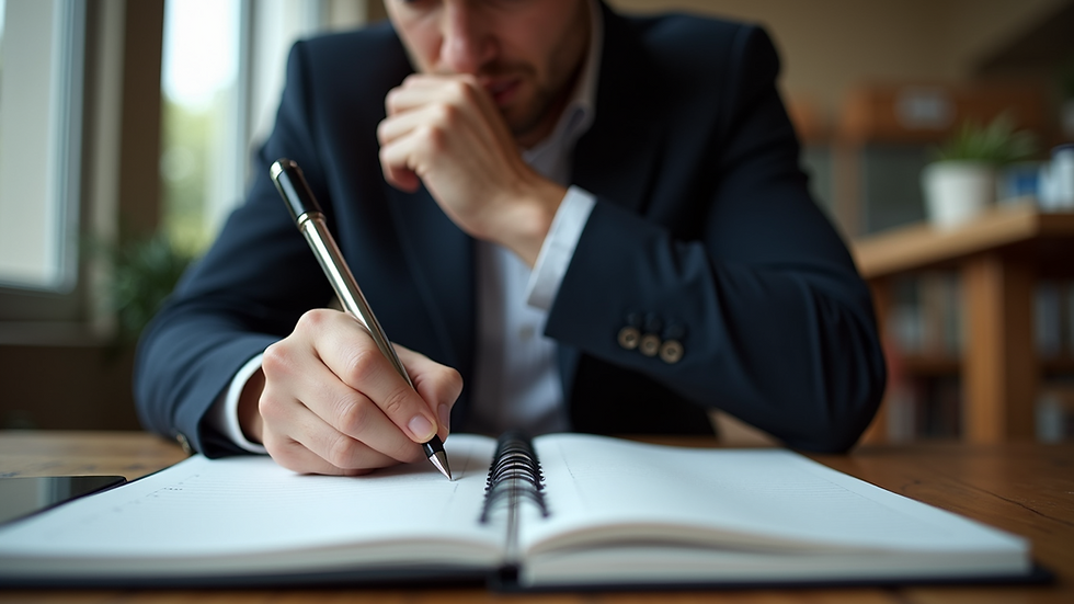 Eye-level view of a person thinking and writing on a notebook