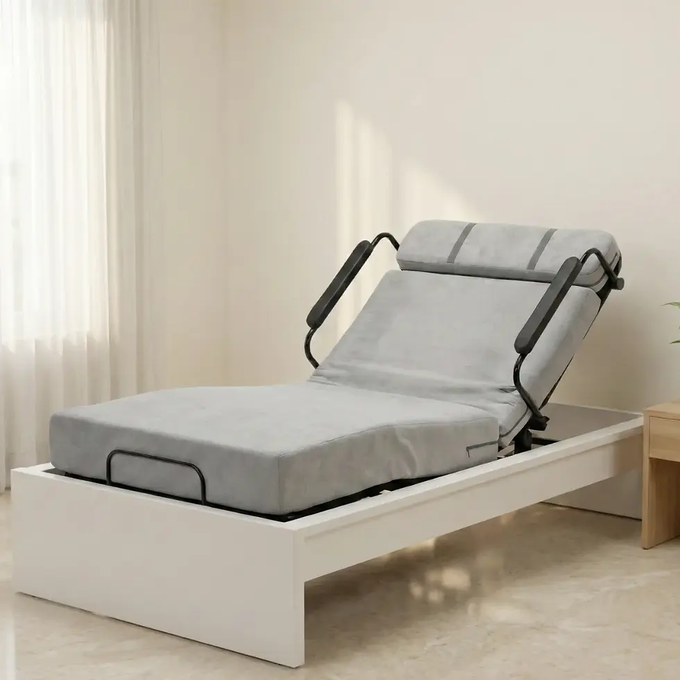 Frido Smart Recliner Mattress placed on bed frame showing adjustable reclining position for home care