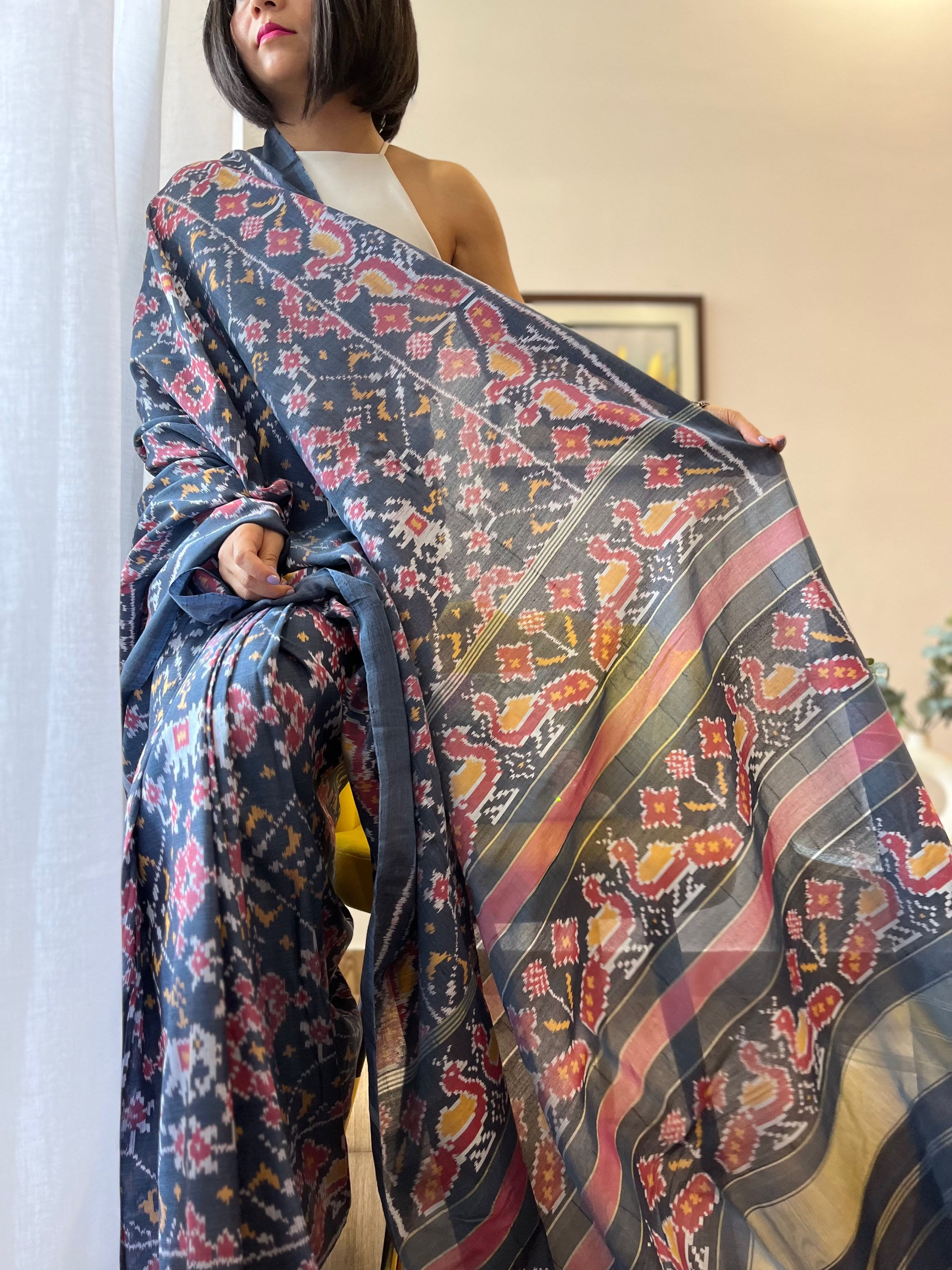 Handwoven grey COTTON SILK PATOLA navratna with hathi motif   design