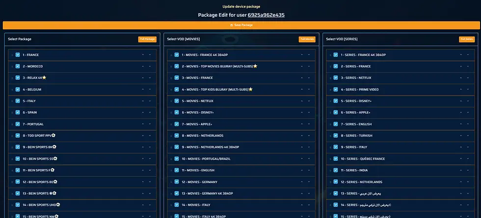Écran d'édition de pack utilisateur avec listes de régions