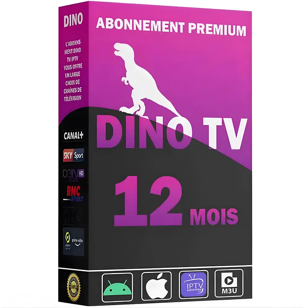Visuel promotionnel pour un abonnement IPTV premium de 12 mois sous la marque DINO TV.