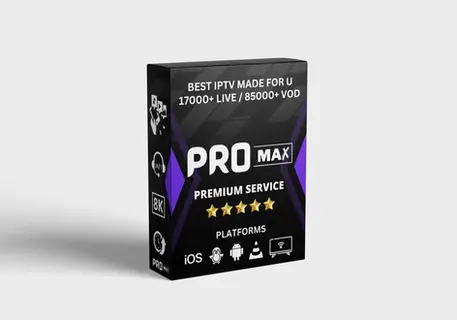 Boîte de présentation d’un service IPTV nommé PRO MAX. L’emballage est noir avec des accents violets