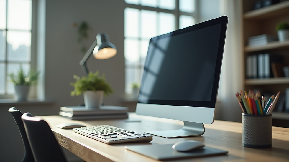 Vue en plongée d’un bureau avec un ordinateur portable affichant un design Canva en cours de création