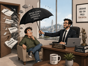 Advogado criminalista em Itajaí protege cliente preocupado com guarda-chuva escrito "defesa técnica, estratégia, experiência, sigilo", enquanto papéis com intimação, investigação, denúncia e prisão em flagrante voam em sua direção. Advogado Criminal Itajaí