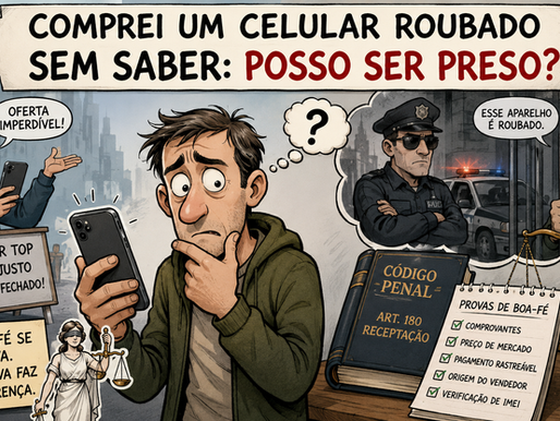 Homem preocupado segurando um celular e pensando se foi enganado, enquanto um vendedor sorridente anuncia "oferta imperdível" e uma placa diz "celular top, preço justo, negócio fechado". Ao lado, um policial de braços cruzados, uma viatura e um homem atrás das grades ilustram o risco de prisão; um bloco lista as provas de boa-fé (comprovantes, preço de mercado, pagamento rastreável, origem do vendedor e verificação de IMEI) junto ao Código Penal, art. 180 – receptação. Advogado Criminal Itajaí.