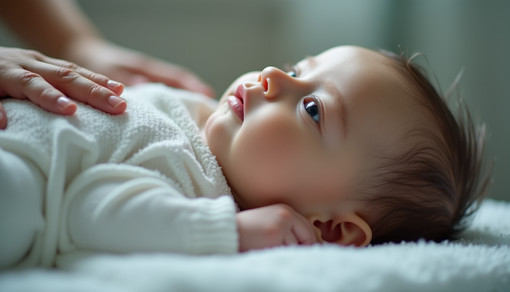 Vista lateral próxima de bebê em sessão de osteopatia pediátrica
