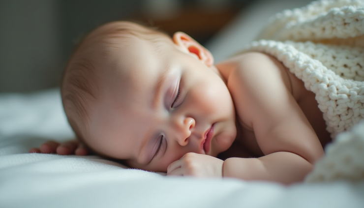 Close-up de bebê deitado de lado com expressão tranquila, mostrando sinais de refluxo fisiológico
