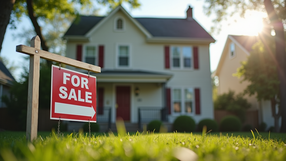 Eye-level view of a suburban house exterior with a "For Sale" sign