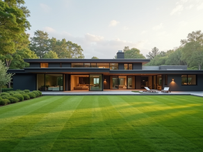 Wide angle view of a modern home exterior with a manicured lawn