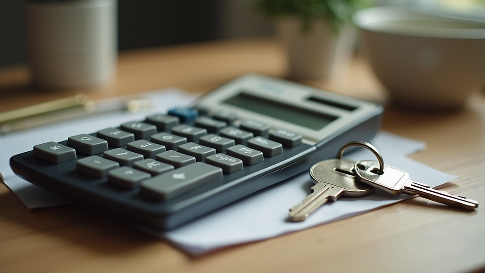 Close-up view of a calculator and house keys on a wooden table