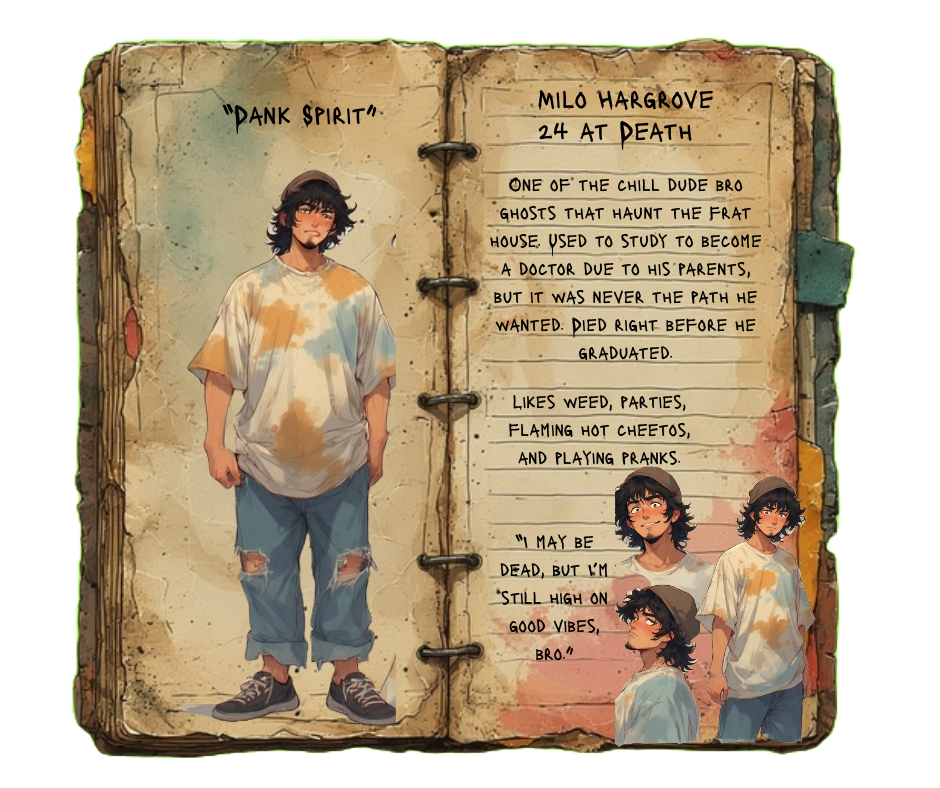 Milo died in the 1970s. Sometimes doesn't realize how scary he actually can be when he pranks the living in the house. He's just having a goofy time. A green flag, really. He struggles to get actually close with people though, and tends to use his goofy and chill attitude to sort of keep a distance emotionally. He is a chill, laid back dude. But, has a severely dark background. He smiles and jokes a lot, but really, that's just to hide the suffering he has endured so many years as a ghost and in the betrayal he faced before his passing. Actually very sad and lonely beneath it all.