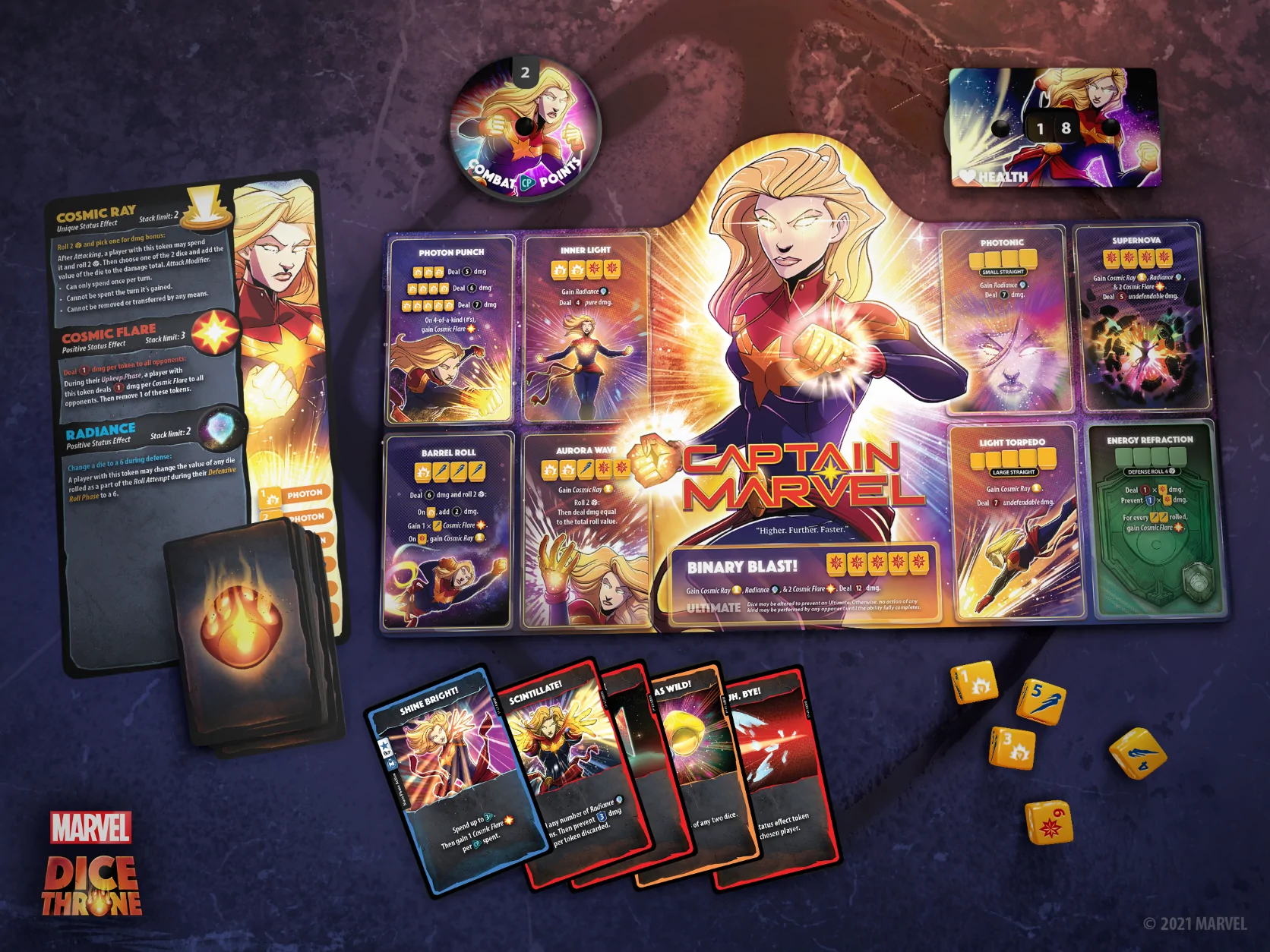 The Captain Marvel player components from Marvel Dice Throne