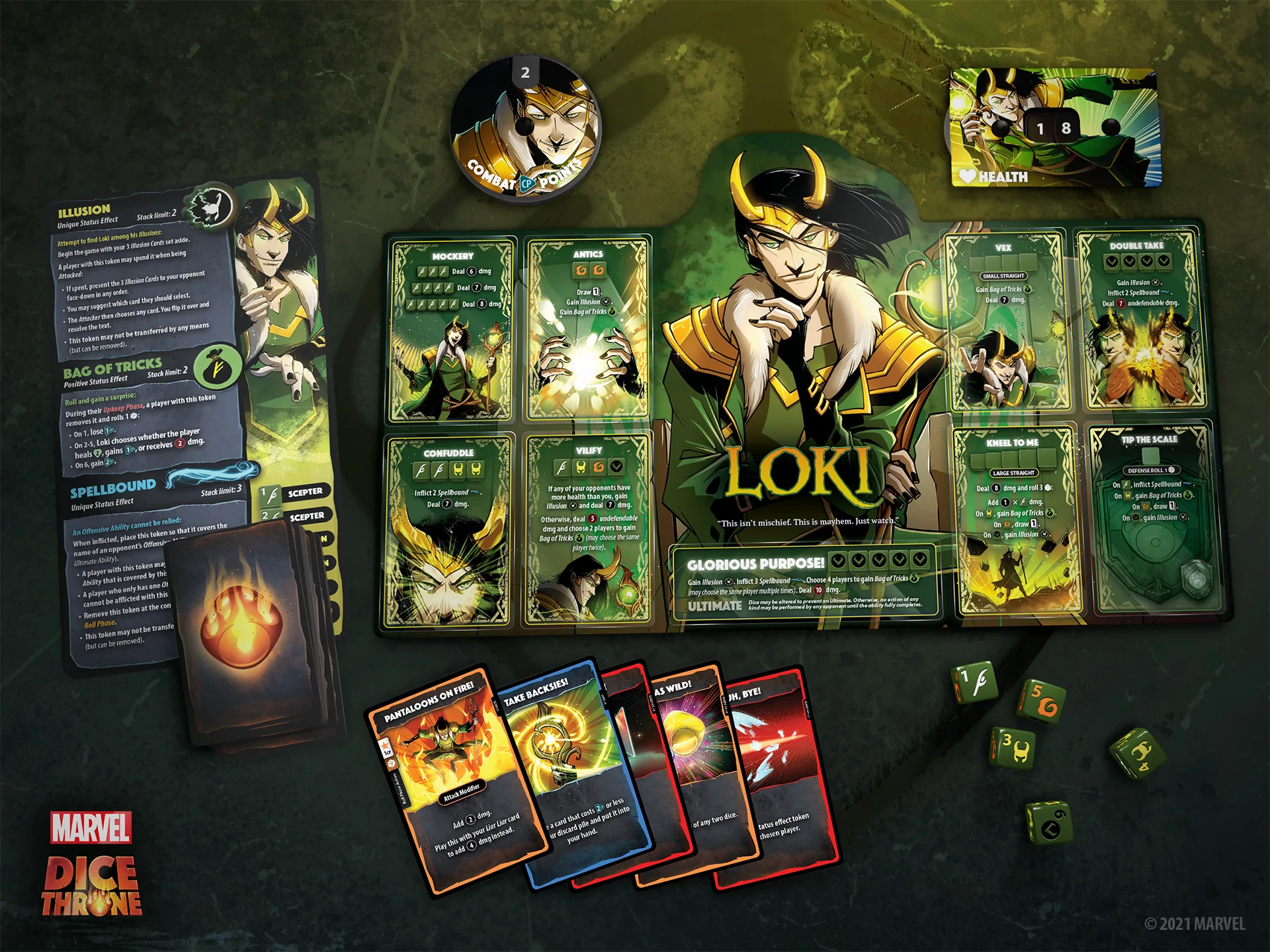 The Loki player components from Marvel Dice Throne