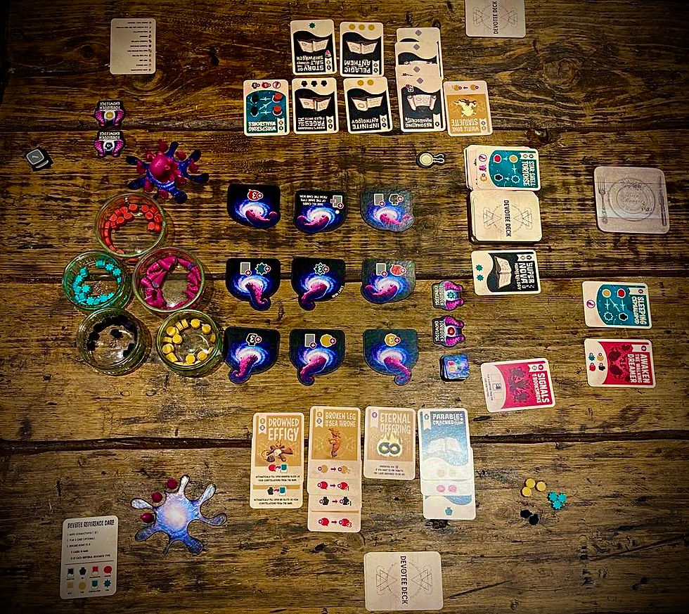 The final game state of an example two-player game of Cosmoctopus in which one player has been victorious at summoning Cosmoctopus