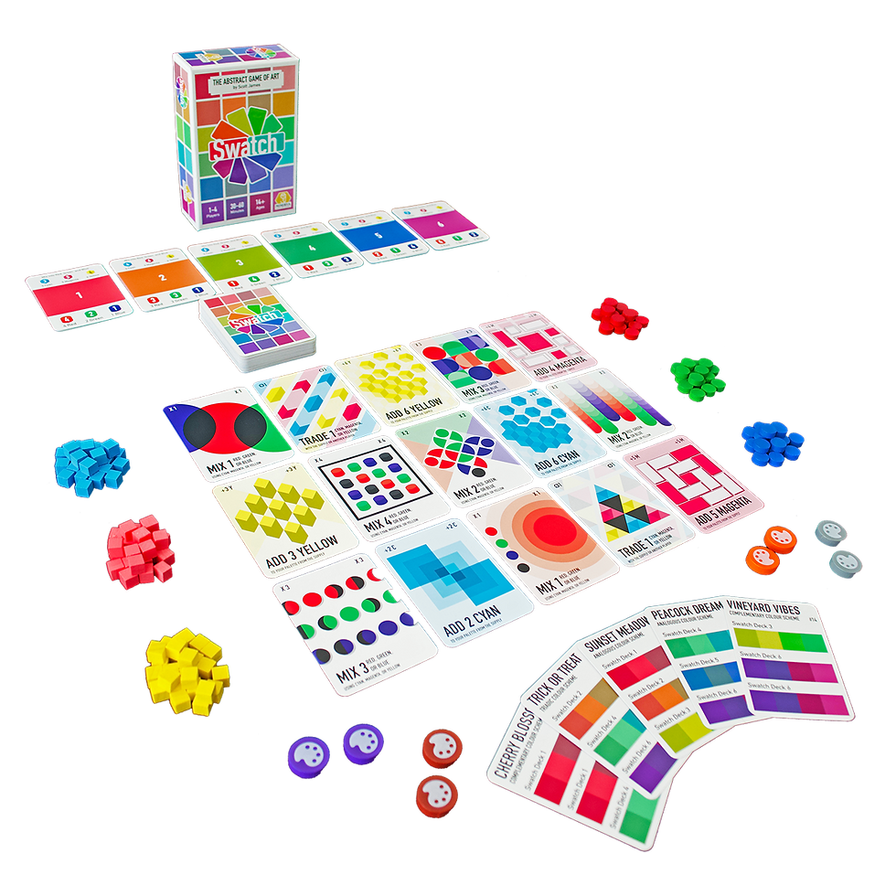 A typical layout of a Swatch game in play with the game's box stood up in the background