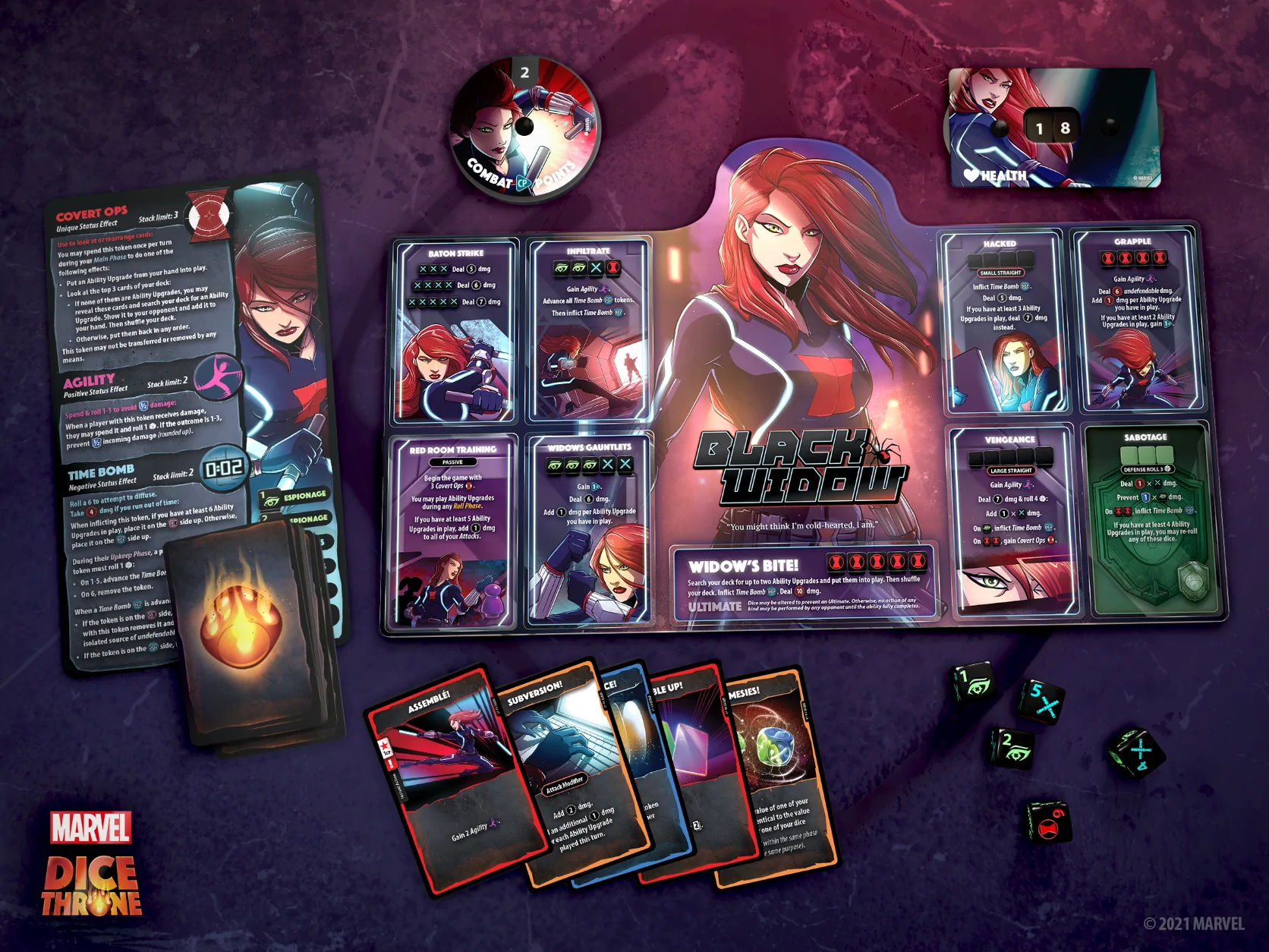 The Black Widow player components from Marvel Dice Throne