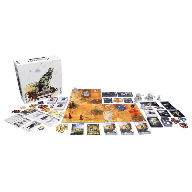 The board game Horizon Zero Dawn in play with all components set out and box in far-left corner stood upright