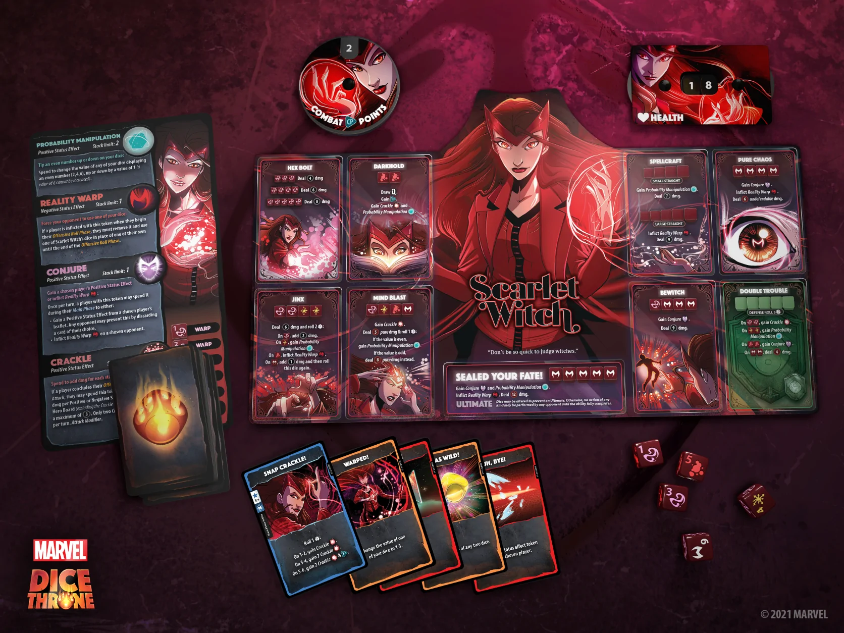 The Scarlet Witch player components from Marvel Dice Throne