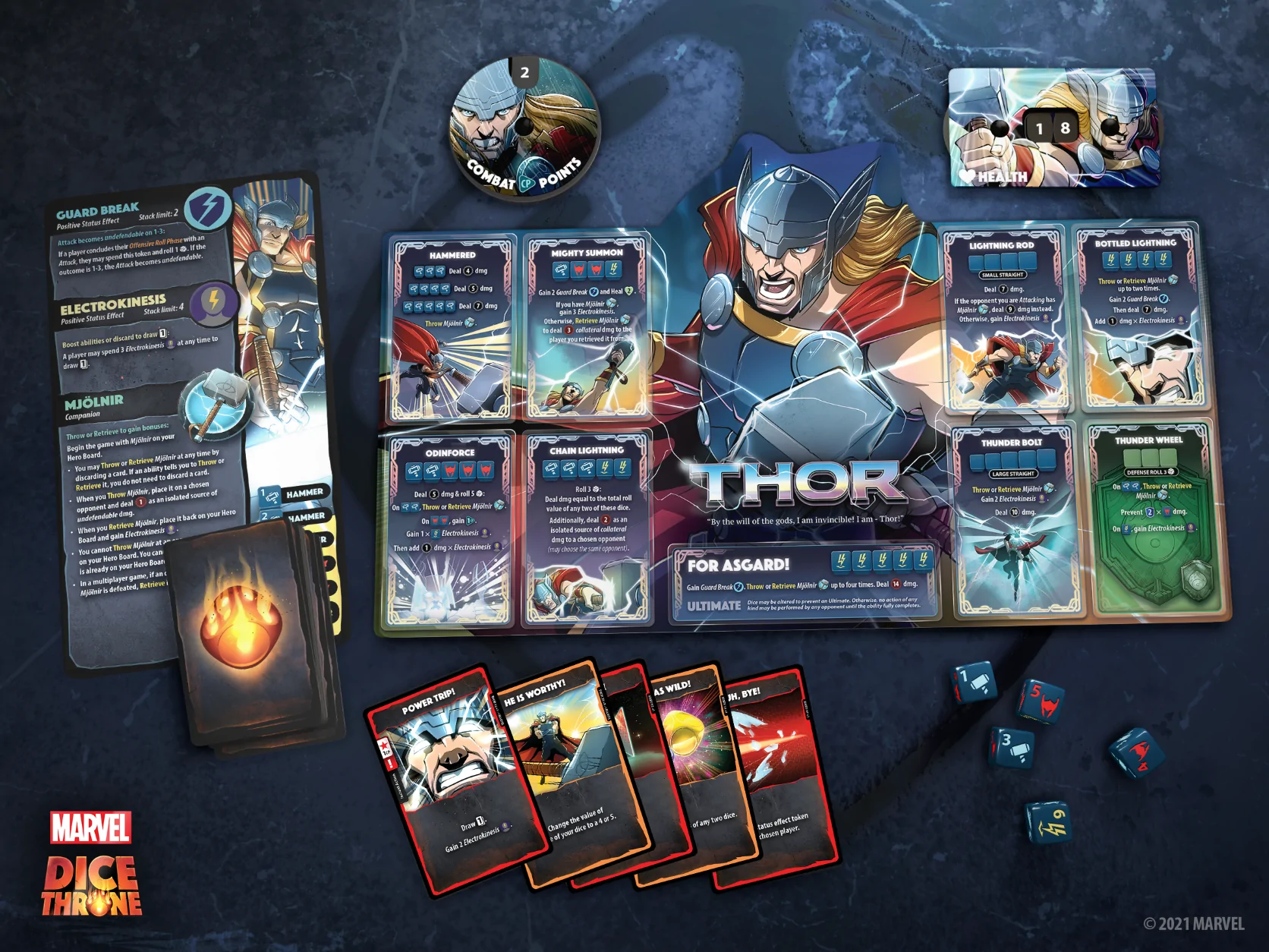 The Thor player components from Marvel Dice Throne