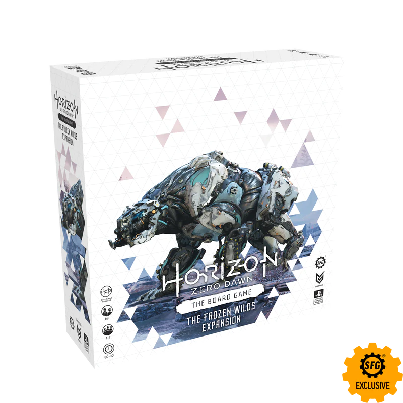 The Horizon Zero Dawn the Board Game Frozen Wilds Expansion box stood upright