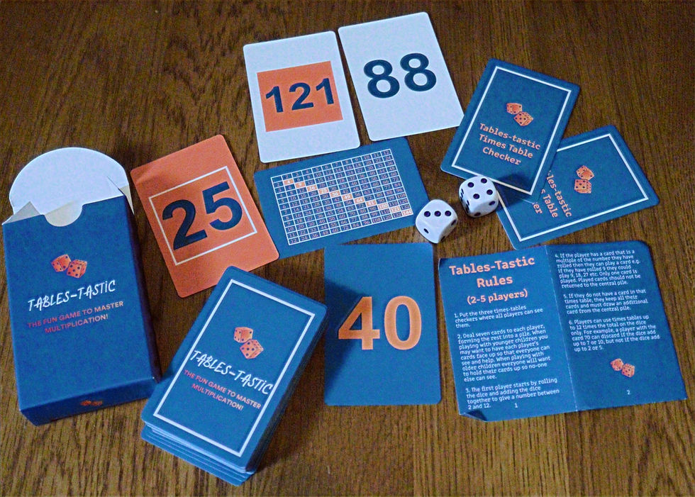 All the components of the Tables-Tastic card game laid out on a table