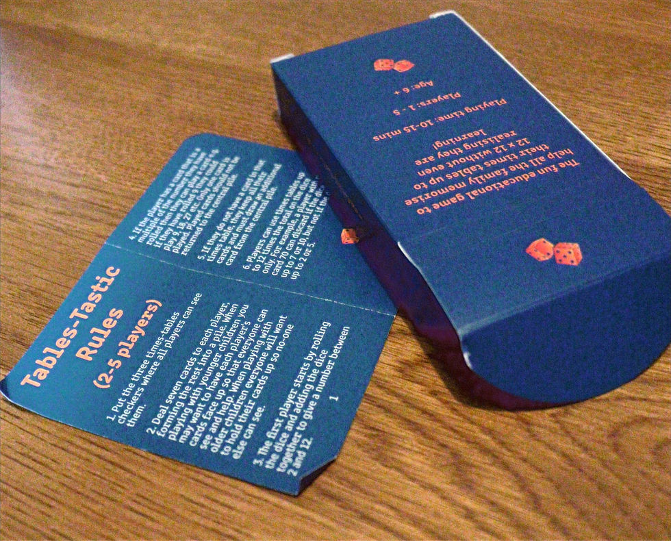 The Tables-Tastic game rulesheet showing slightly dog-eared corner and slightly damaged game box