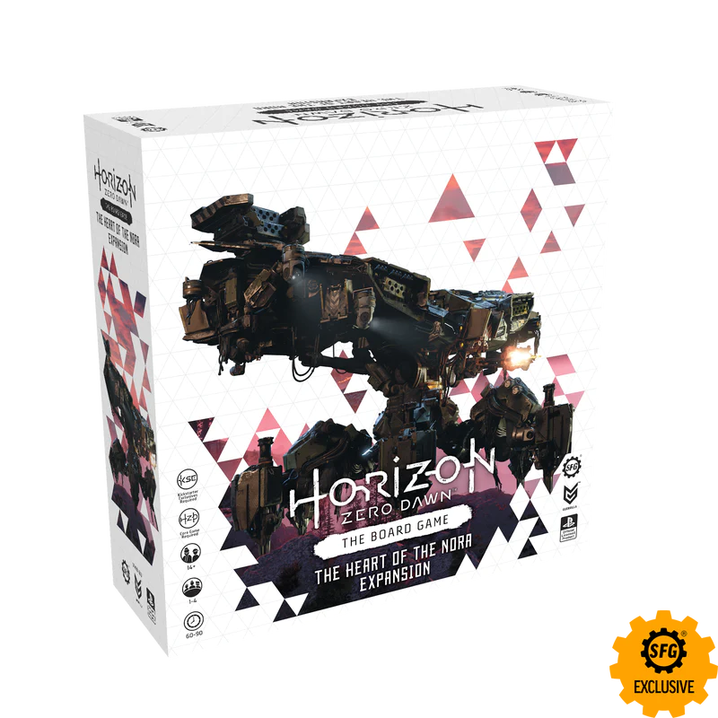 The Horizon Zero Dawn the Board Game Heart of the Nora Expansion box stood upright