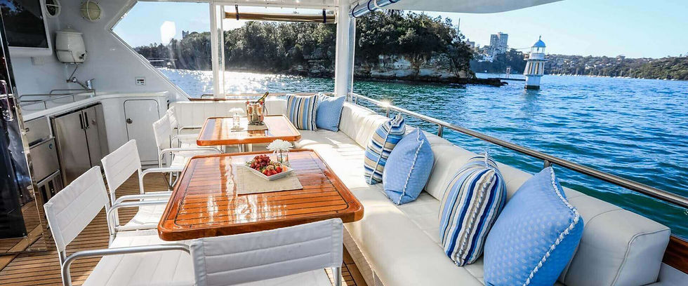 Thumbnail: POV shot from the aft deck of luxury catamaran Galaxy looking out at scenic Sydney Harbour boat charter