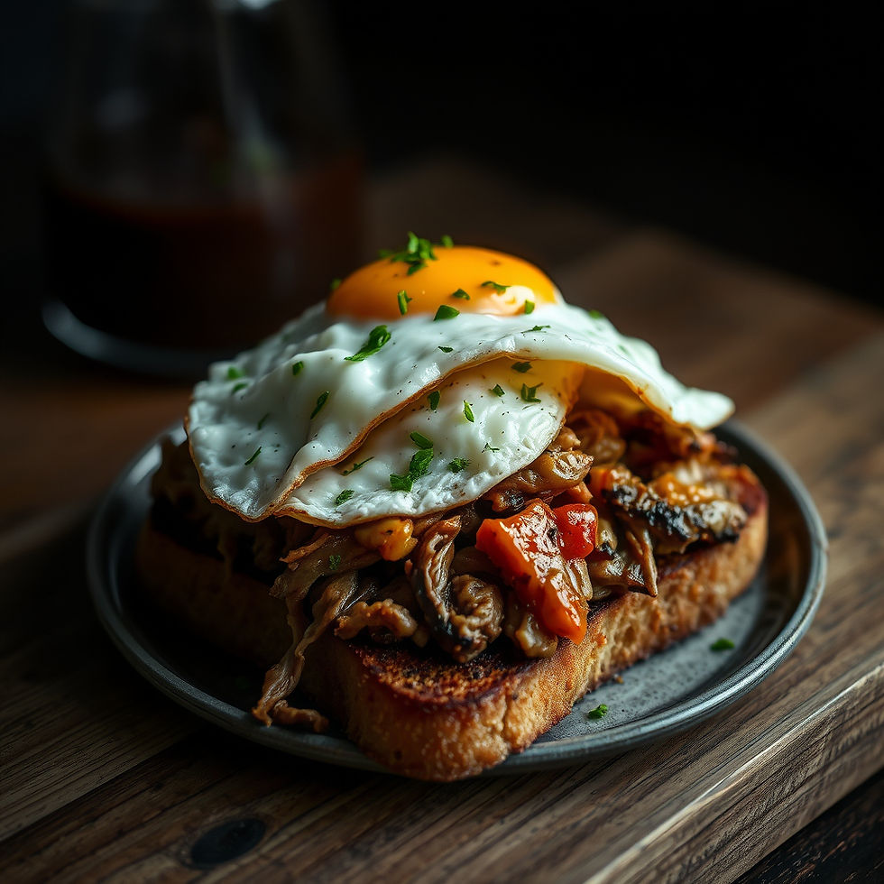 Toast with chipotle pulled pork and roasted veggies topped with 2 fried eggs with soft yellow yolks and garnished with fresh herbs. Toast is displayed on a beautiful clay plate on a wooden table with a dark moody background