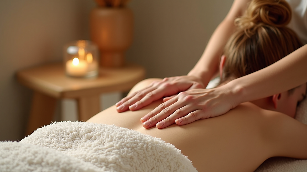 Plano detalle de aceites esenciales y toallas en sala de masajes