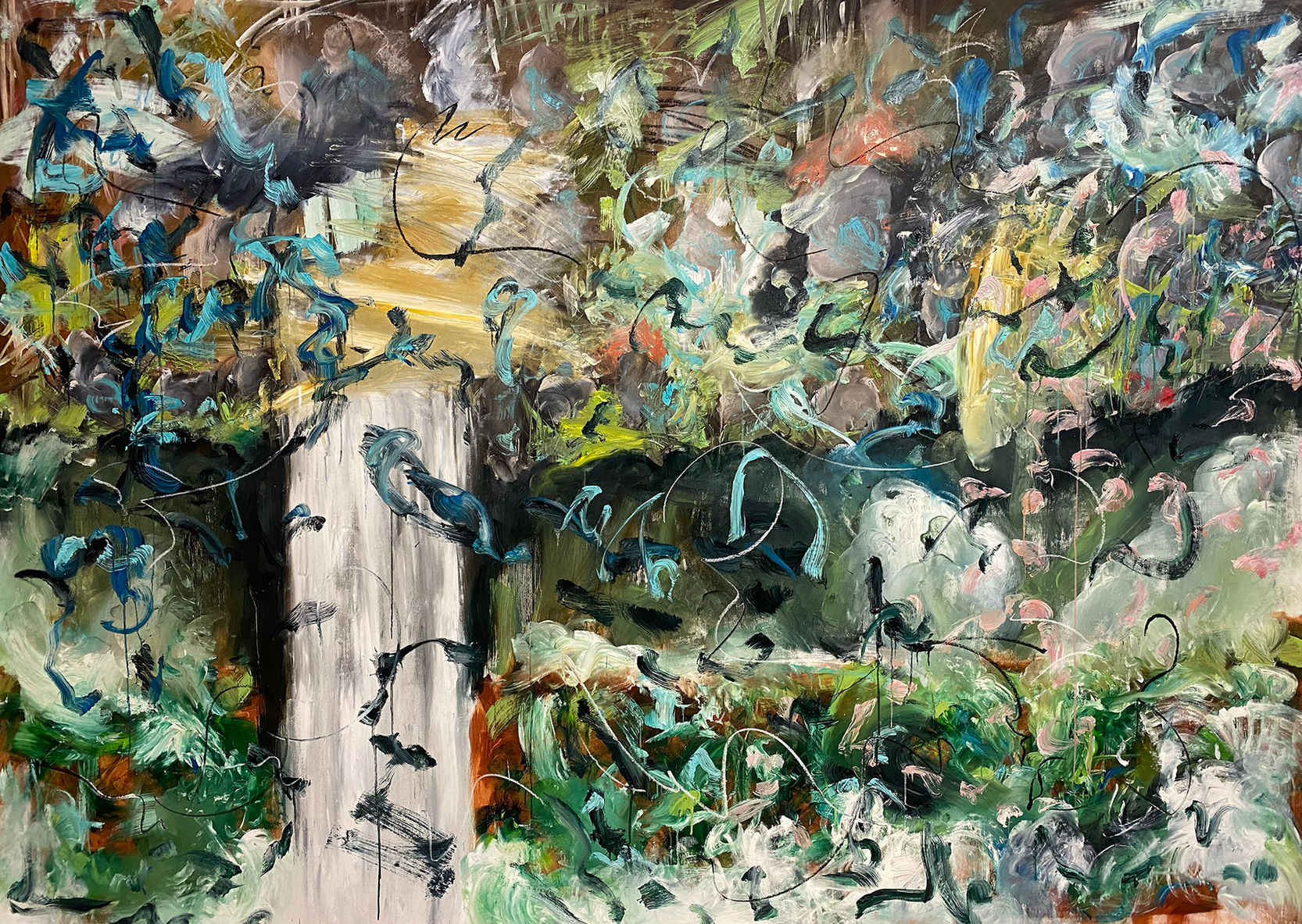 Contemporary painting of a waterfall. Nature 