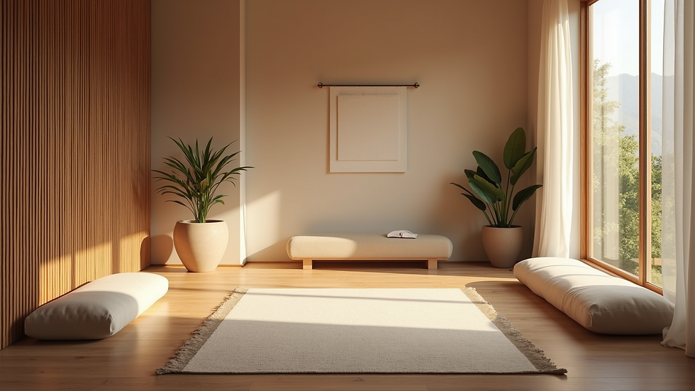 High angle view of a calm meditation space with Ayurvedic decor