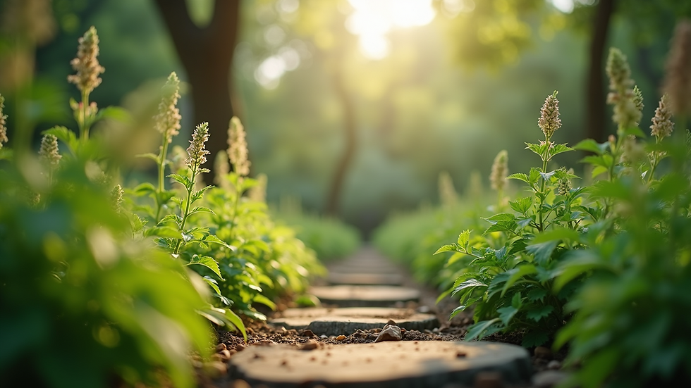 Eye-level view of a serene herbal garden with Ayurvedic plants