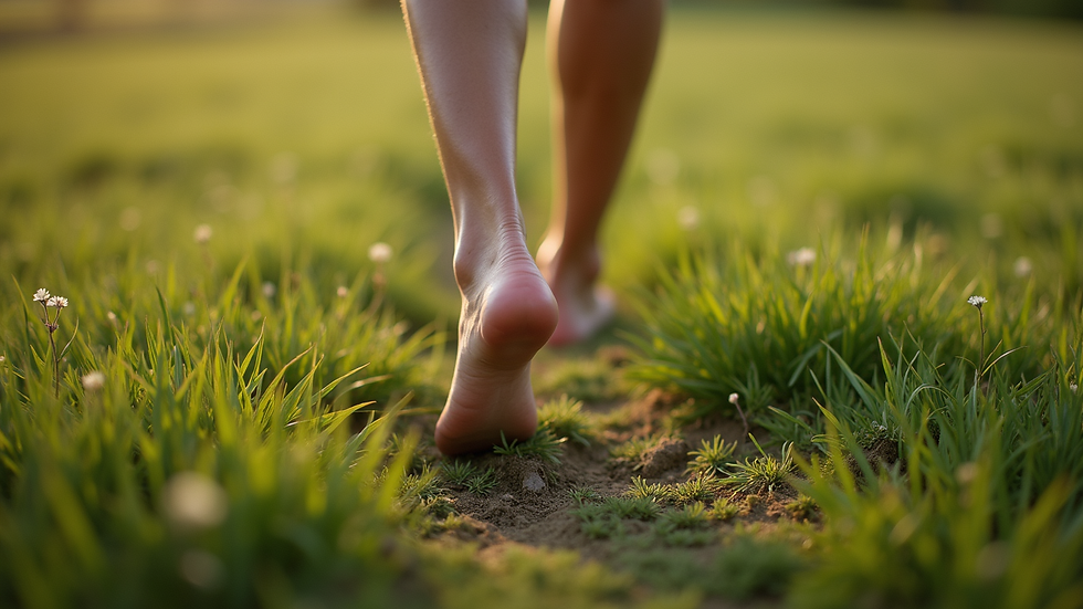 High angle view of a person walking barefoot on soft grass, feeling the earth beneath their feet