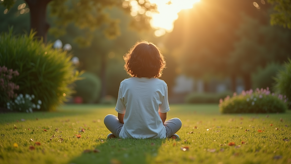 Close-up view of a person sitting quietly in a peaceful garden, focusing on their breath