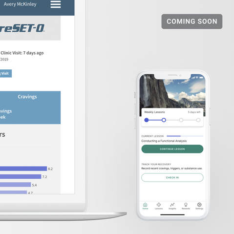 A desktop and mobile phone with an app called reset, which helps you learn drug use recovery techniques and track things like cravings.