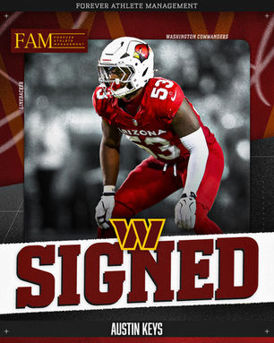Forever Athlete Management (FAM) signing announcement graphic featuring linebacker Austin Keys in a red No. 53 football uniform, with the Washington Commanders logo and bold burgundy “SIGNED” text.