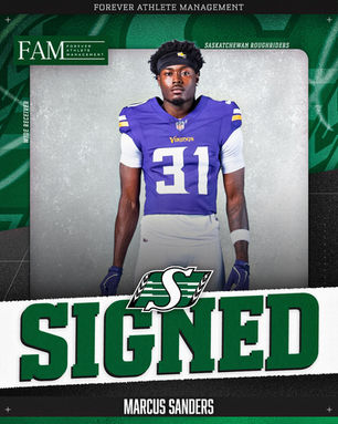 Forever Athlete Management (FAM) signing announcement graphic featuring wide receiver Marcus Sanders in a purple Minnesota Vikings No. 31 uniform, with the Saskatchewan Roughriders logo and bold green “SIGNED” text.