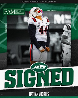 Forever Athlete Management signing announcement graphic featuring defensive end Nathan Voorhis in his white Ball State No. 44 uniform, with the New York Jets logo and bold green “SIGNED” text.
